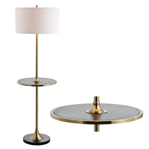 59" Floor Lamp with Integrated Wood Side Table – Black & Brass Gold