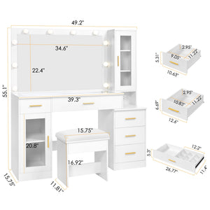 Large Vanity Desk with Mirror and Lights – Glass Top, 5 Drawers, Stool & Power Outlet