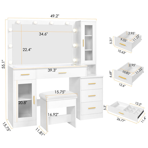 Large Vanity Desk with Mirror and Lights – Glass Top, 5 Drawers, Stool & Power Outlet