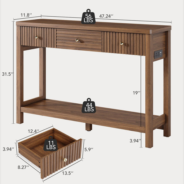 47-Inch Console Table with Charging Station, 3 Drawers & Open Shelf
