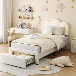 Twin Upholstered LED Bed Frame with Bear Headboard & Storage Drawer