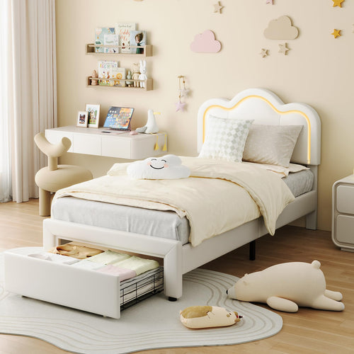 Twin Upholstered LED Bed Frame with Bear Headboard & Storage Drawer