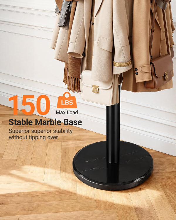 Freestanding Coat Rack with Marble Base & 16 Hooks