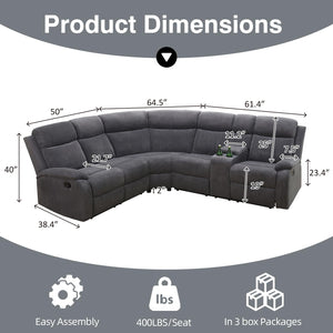 L-Shaped Manual Reclining Sectional Sofa with Storage & Cup Holders