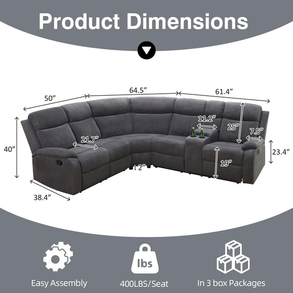 L-Shaped Manual Reclining Sectional Sofa with Storage & Cup Holders
