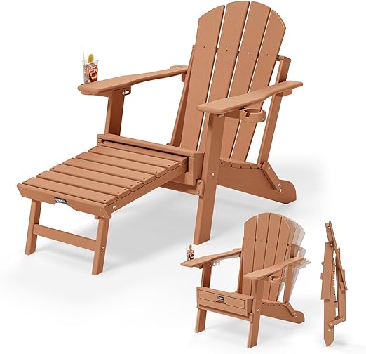 Folding Adirondack Chairs with Retractable Footrest & Cup Holders – HDPE, 400 LBS Capacity