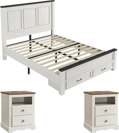Farmhouse Bedroom Set with Platform Bed & Charging Nightstands