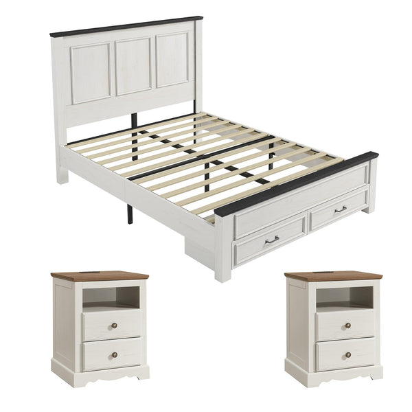 Farmhouse Bedroom Set with Platform Bed & Charging Nightstands