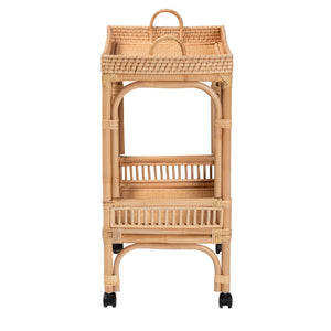 2-Tier Natural Rattan Wine Cart with Caster Wheels