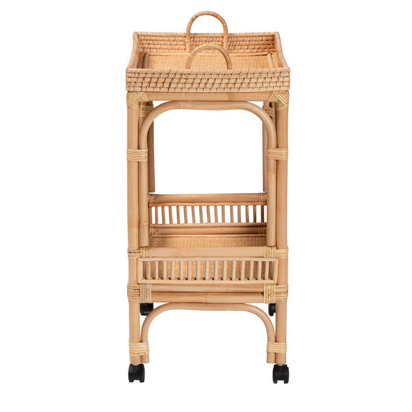 2-Tier Natural Rattan Wine Cart with Caster Wheels
