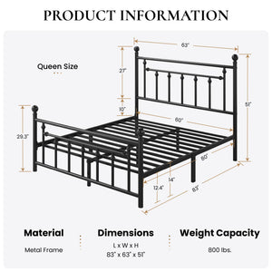 Metal Platform Bed Frame with Victorian Headboard & Footboard