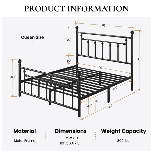 Metal Platform Bed Frame with Victorian Headboard & Footboard