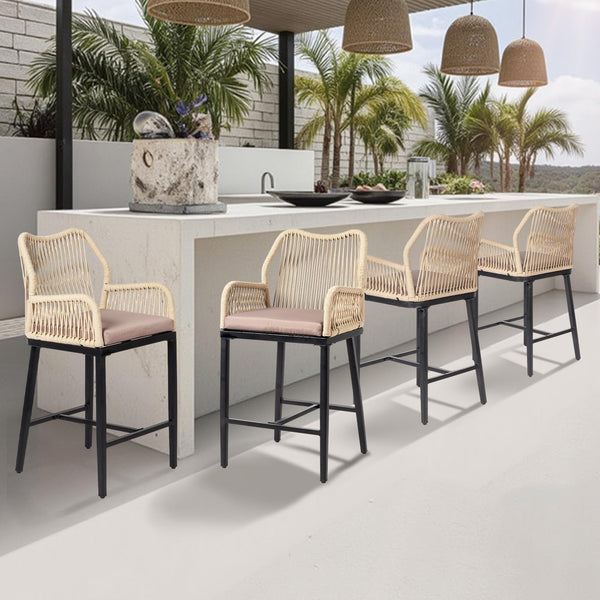 Outdoor Counter Height Bar Stools with Wicker Backrest