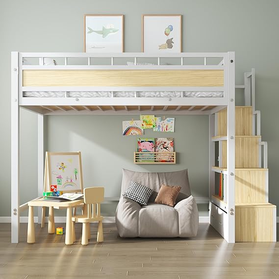 Twin Loft Bed with Storage Stairs & Drawers – Heavy Duty Metal