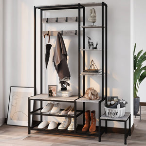 5-in-1 Hall Tree with Shoe Bench, Coat Rack & 4-Tier Shelves, Industrial