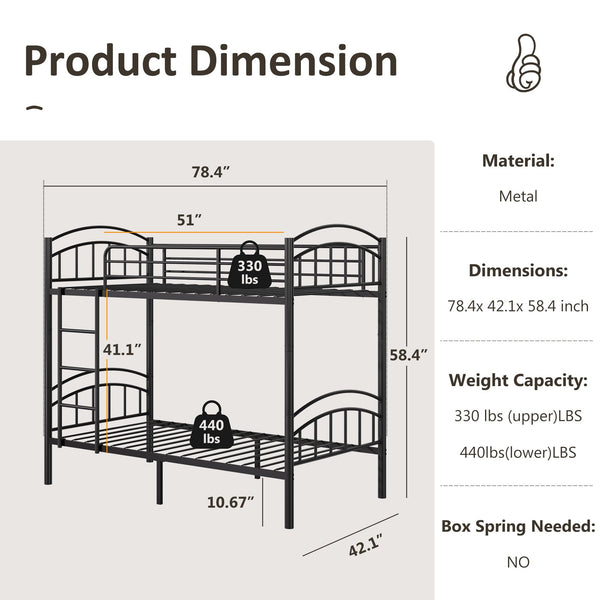 Twin Over Twin Bunk Bed Frame with Ladder & Guardrails