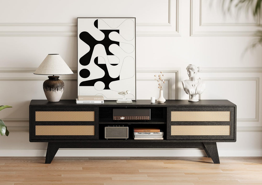 Boho TV Stand with Rattan Storage Cabinets – Fits Up to 70" TV