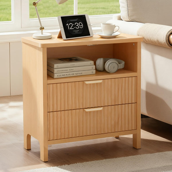 Fluted Nightstand with Charging Station & 2 Drawers