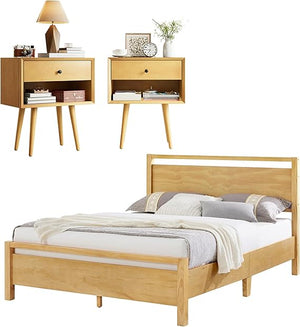 3-Piece Solid Wood Bedroom Set with Platform Bed & Nightstands