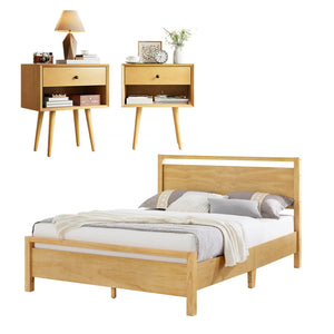 3-Piece Solid Wood Bedroom Set with Platform Bed & Nightstands