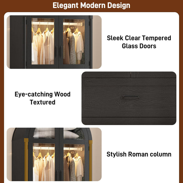 2-Door Arched Armoire Wardrobe with LED Light & Drawers