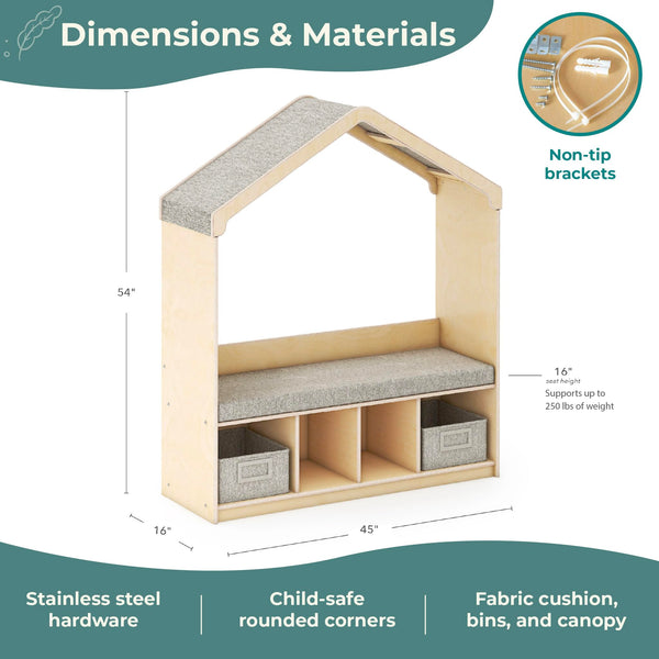 Kids Reading Nook with Storage Bench, Cubbies & Fabric Bins