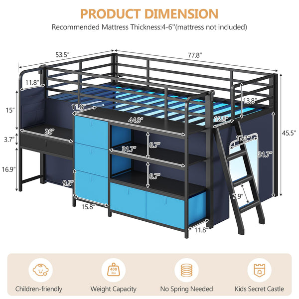 Low Loft Bed with Desk, Storage Drawers & LED Lights – Twin