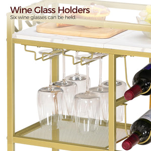 3-Tier Rolling Bar Cart with Wine Rack and Glass Holders