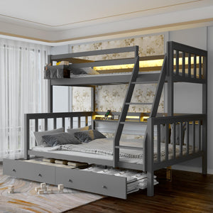 Solid Wood Bunk Bed with Charging Station and LED Lights