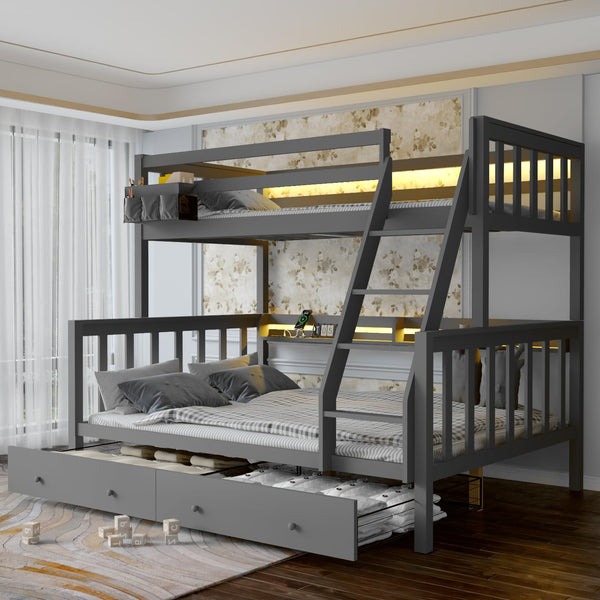 Solid Wood Bunk Bed with Charging Station and LED Lights