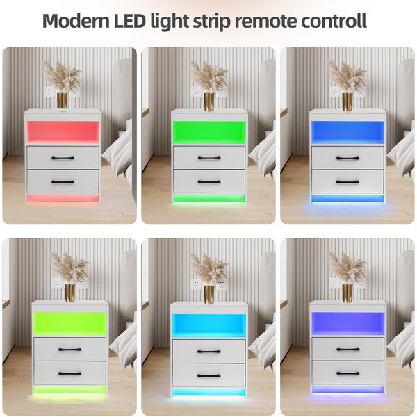 LED Nightstand with Charging Station, 2 Drawers & Open Compartment