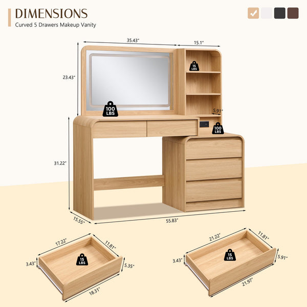 Vanity Desk with Mirror, Lights & 5 Drawers