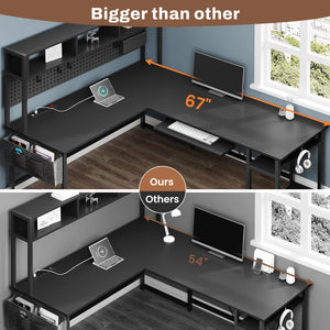 L-Shaped Gaming & Home Office Desk with Power Outlet, LED Lights & Pegboard