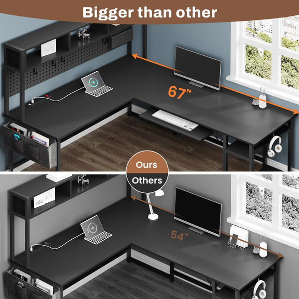 L-Shaped Gaming & Home Office Desk with Power Outlet, LED Lights & Pegboard