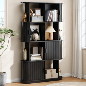 4-Tier Bookshelf with Sliding Door – Mid-Century Modern Freestanding Bookcase