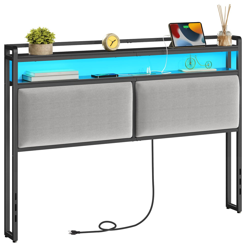 Queen Upholstered Storage Headboard with LED Lights & Charging Station