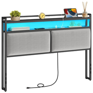 Queen Upholstered Storage Headboard with LED Lights & Charging Station