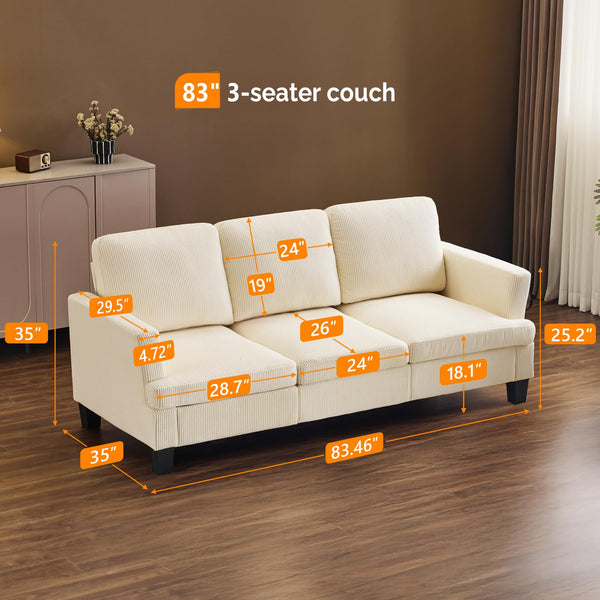 Beige Corduroy 3-Seater Sofa with Deep Seat