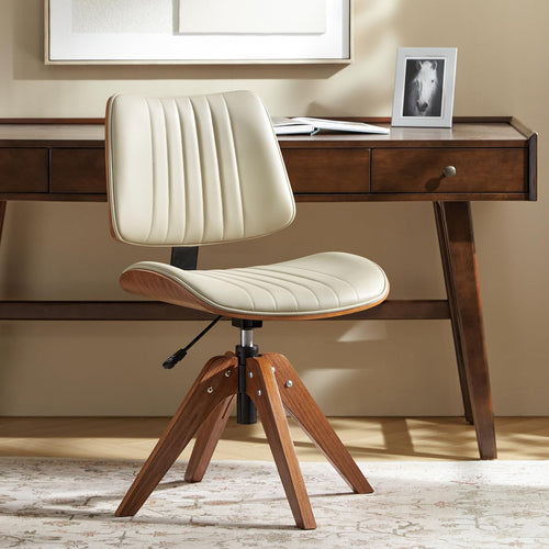 Mid-Century Faux Leather Swivel Desk Chair, Tufted Back, Solid Wood Legs