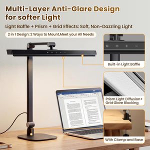 LED Desk Lamp with 2-in-1 Base & Clamp – Black