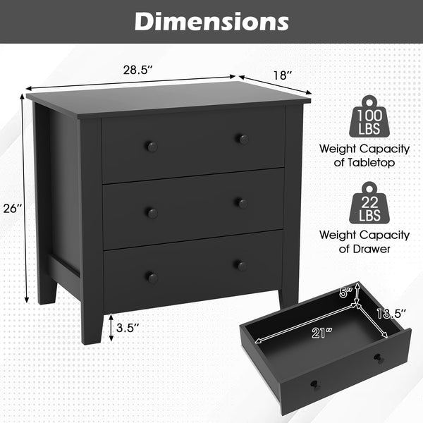 Giantex Small 3-Drawer Dresser for Bedroom - 28.5” x 18” x 26” Wide Chest of Drawers, Modern Large Nightstand, Storage Cabinet, Closet Storage Organizer for Living Room, Hallway (Black)