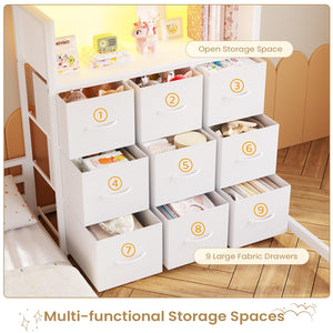 Twin Over Twin L-Shaped Low Bunk Bed with 9 Storage Drawers and LED Lights