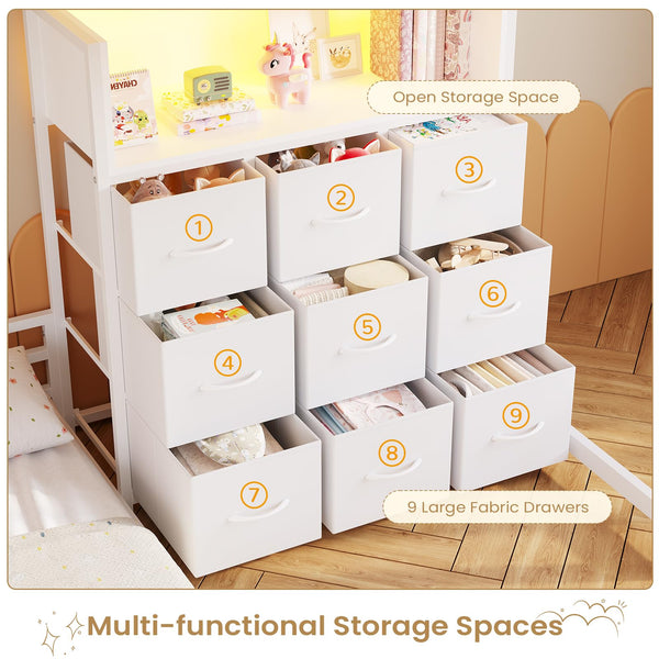 Twin Over Twin L-Shaped Low Bunk Bed with 9 Storage Drawers and LED Lights