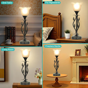 Dimmable Touch Table Lamps Set of 2 with USB Port & Glass Flower Shade
