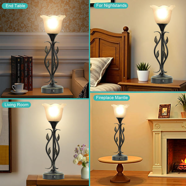 Dimmable Touch Table Lamps Set of 2 with USB Port & Glass Flower Shade