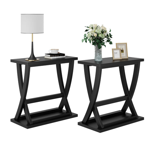 Black End Tables Set of 2 with X-Leg Design & Storage Shelf