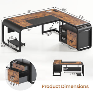 L-Shaped Executive Desk with File Drawer, Storage Shelves & Power Outlets