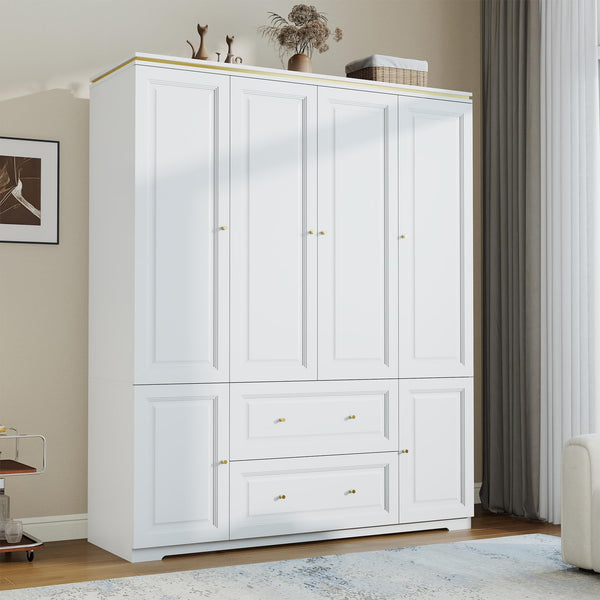 Large Wardrobe Closet with Drawers & Hanging Rod