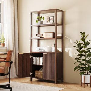 6-Tier Bookcase with Fluted Doors, 71" Wood Storage Cabinet