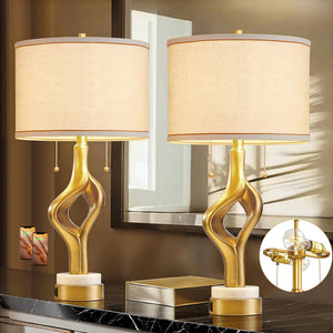 Gold Sculptural Table Lamp Set of 2 with USB Ports & Marble Base
